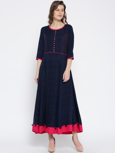 

Shree Women Navy Printed Maxi Dress, Navy blue