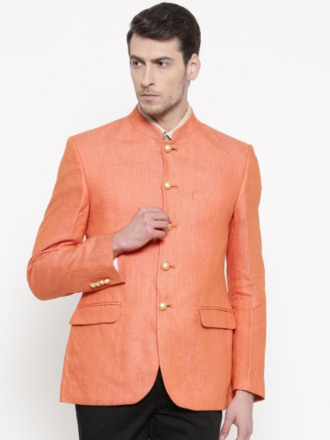 

Raymond Men Orange Self-Design Tailored Contemporary Fit Ethnic Bandhgala Blazer