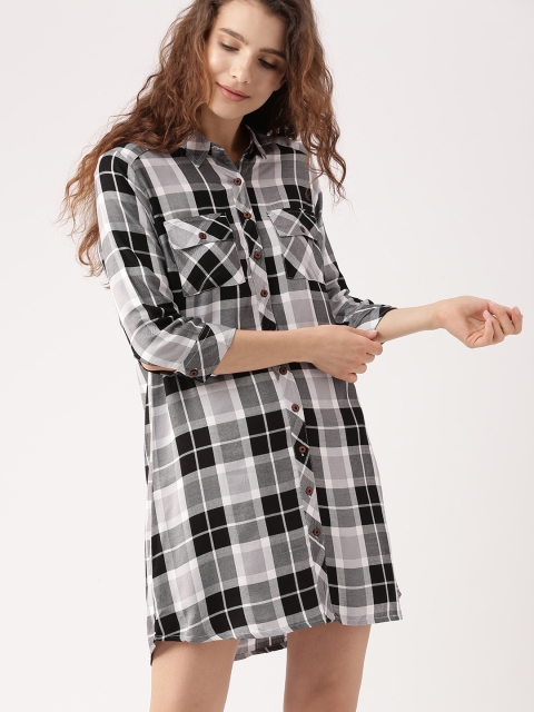 

DressBerry Women Grey & Black Checked Shirt Dress