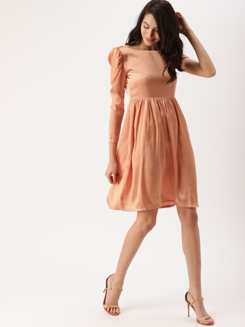 

DressBerry Women Peach-Coloured Single Sleeve Satin Finish Fit and Flare Dress