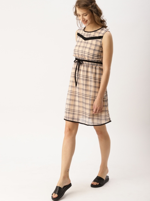 

DressBerry Women Peach-Coloured & Grey Checked A-Line Dress