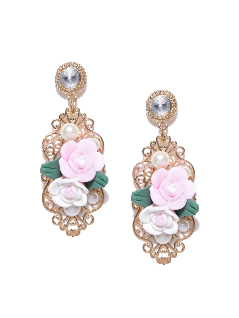 

Golden Peacock Off-White Gold-Plated Beaded Drop Earrings