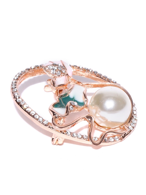 

Golden Peacock Women Off-White Rose Gold-Plated Stone-Studded Brooch