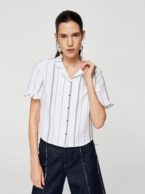 

MANGO Women White & Black Regular Fit Striped Casual Shirt