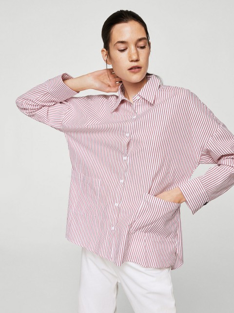 

MANGO Women Red & White Regular Fit Striped Casual Shirt