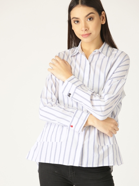 

MANGO Women White & Blue Regular Fit Striped Casual Shirt