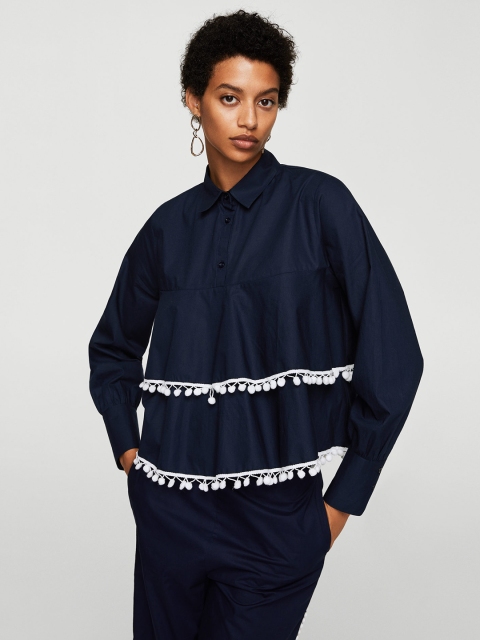 

MANGO Women Navy Blue Solid Ruffled Shirt Style Top