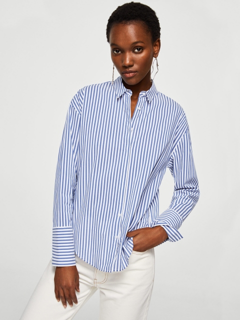 

MANGO Women Blue & White Regular Fit Striped Casual Shirt