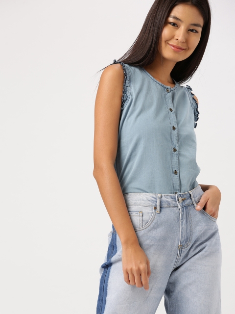 

DressBerry Women Blue Solid Chambray Top