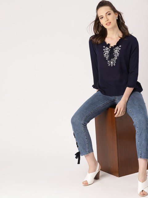 

DressBerry Women Navy Blue Embroidered Detail Top