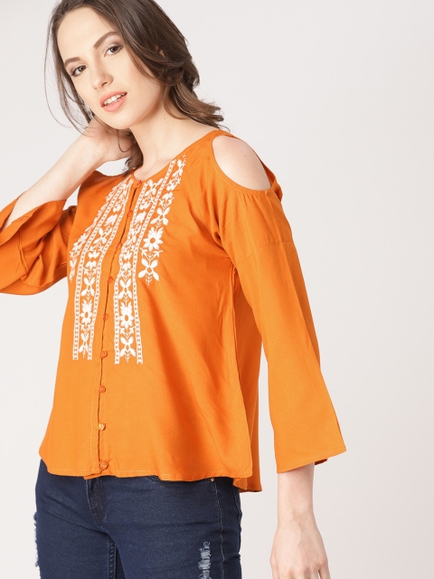 

DressBerry Women Orange Embroidered Cold-Shoulder Shirt Style Top