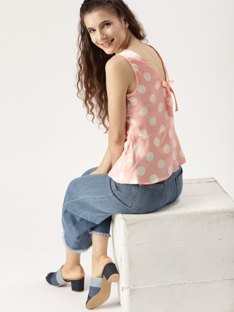 

DressBerry Women Peach-Coloured & Off-White Polka Dot Print Styled Back Top