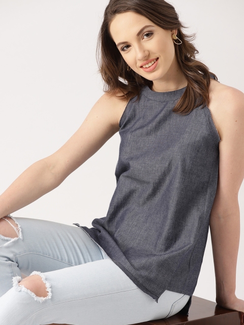 

DressBerry Women Grey Chambray A-Line Top