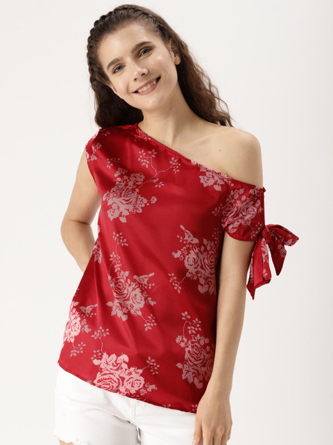 

DressBerry Women Red Printed One-Shoulder Top