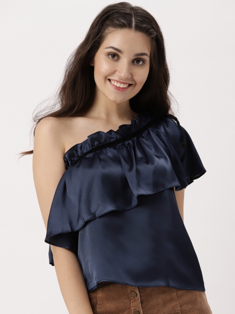 

DressBerry Women Navy Solid One-Shoulder Top, Navy blue