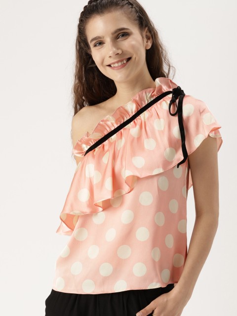 

DressBerry Women Peach-Coloured & Off-White Polka Dot Print One-Shoulder Top