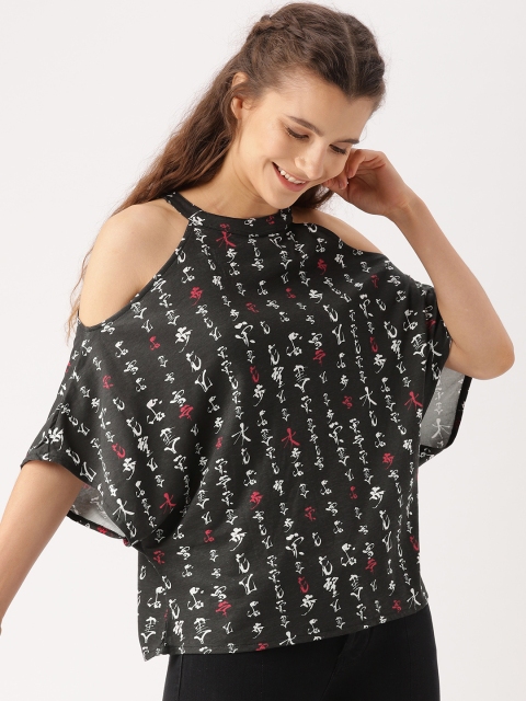 

DressBerry Women Black Printed Cold Shoulder Top