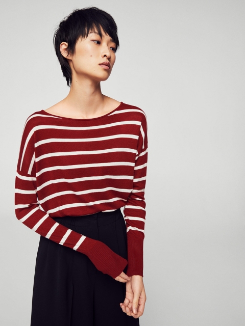 

MANGO Women Maroon & White Striped Top