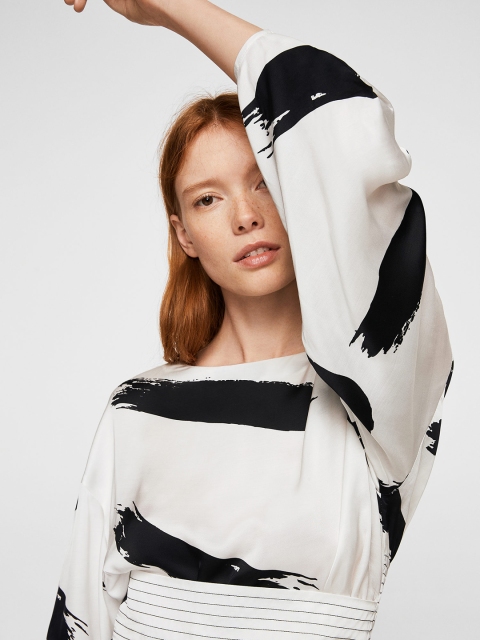 

MANGO Women White & Black Printed Cinched Waist Top