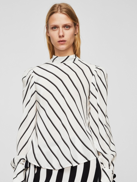 

MANGO Women White & Black Striped Top