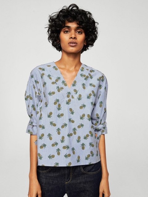 

MANGO Women Blue & White Striped Top
