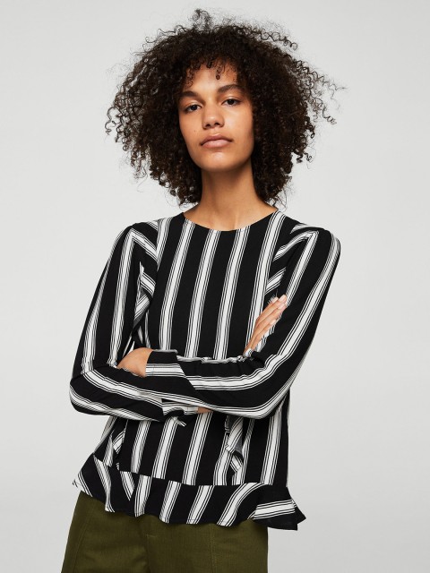

MANGO Women Black & White Ruffled Striped A-Line Top