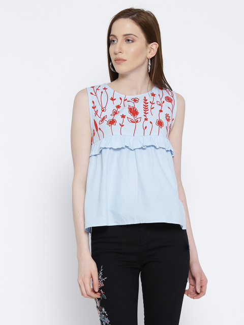 

MANGO Women Blue Embroidered A-Line Top