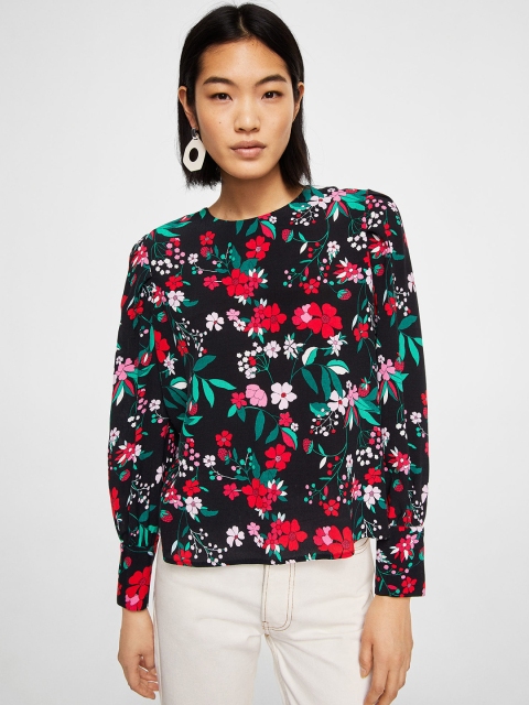 

MANGO Women Black & Red Floral Print Top