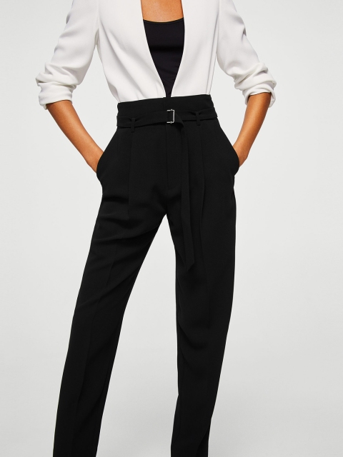 

MANGO Women Black Solid Casual Trousers