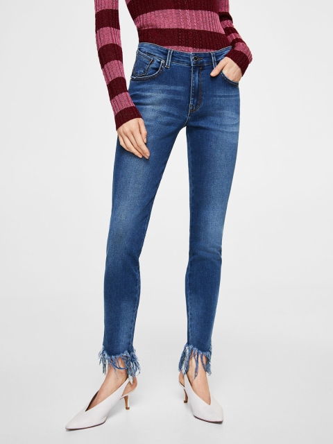 

MANGO Women Blue Mid-Rise Low Distress Stretchable Jeans with Fringes
