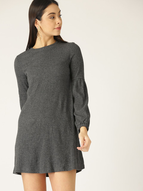 

MANGO Women Charcoal Grey Self Striped A-Line Dress