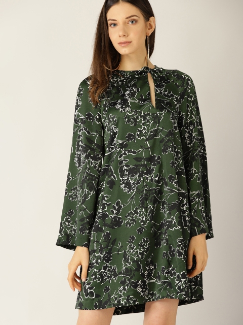 

MANGO Women Green & Black Printed A-Line Dress