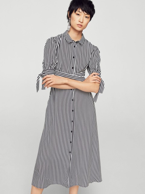 

MANGO Women Black & White Striped Midi Shirt Dress
