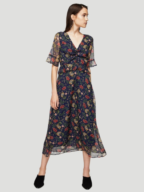 

MANGO Women Navy Printed Midi A-Line Dress, Navy blue