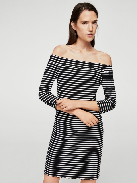 

MANGO Women Black & White Striped Off-Shoulder Sheath Dress