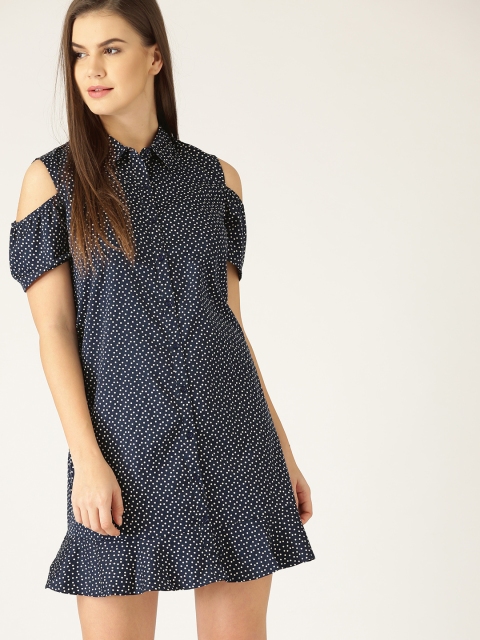 

MANGO Women Navy & White Printed Shirt Dress, Navy blue