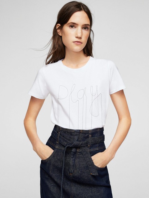 

MANGO Women White Embellished Round Neck T-shirt
