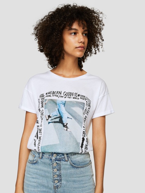 

MANGO Women White Printed Round Neck T-shirt