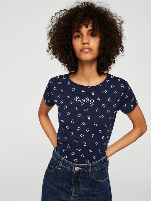 

MANGO Women Navy Blue Printed Round Neck T-shirt