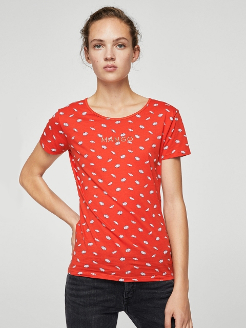 

MANGO Women Orange Printed Round Neck T-shirt