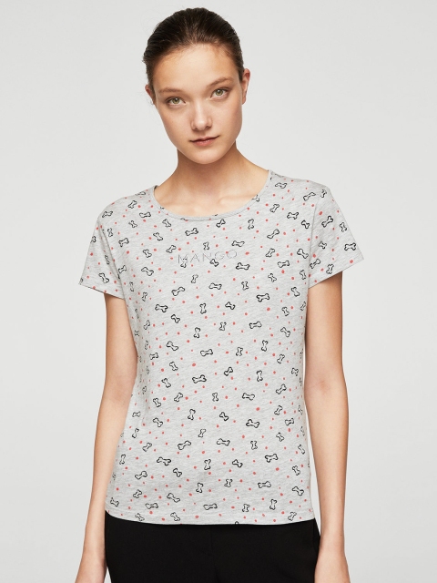 

MANGO Women Grey Melange Printed Round Neck T-shirt