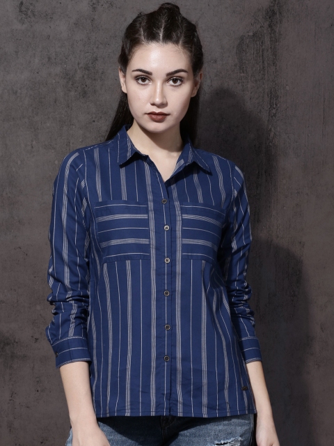 

Roadster Women Blue & Off-White Regular Fit Striped Casual Shirt