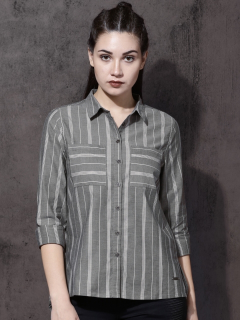 

Roadster Women Grey & Off-White Regular Fit Striped Casual Shirt
