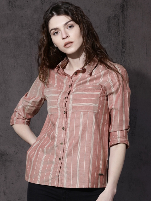 

Roadster Women Pink & Off-White Regular Fit Striped Casual Shirt