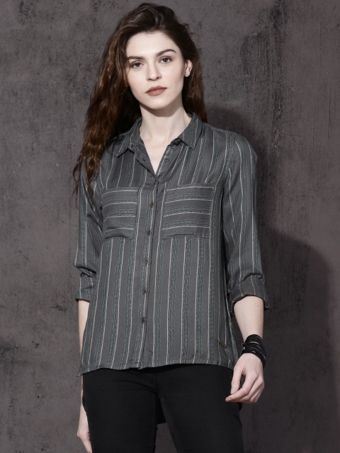 

Roadster Women Grey Regular Fit Striped Casual Shirt