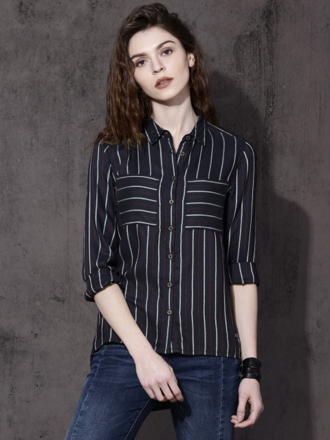 

Roadster Women Navy Regular Fit Striped Casual Shirt, Navy blue