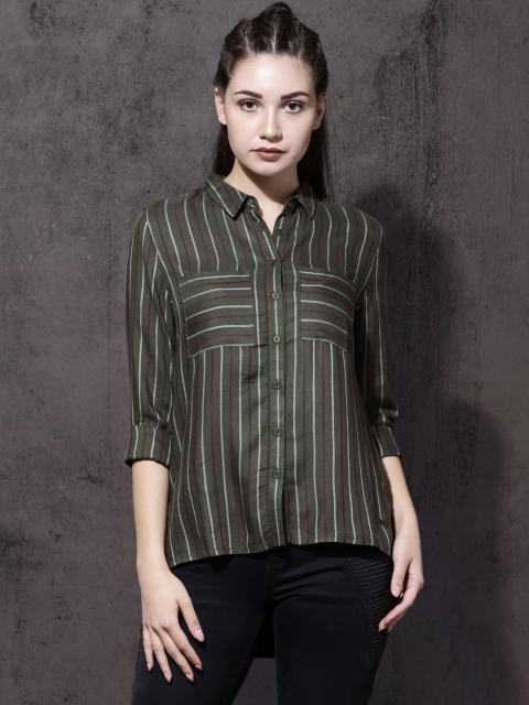 

Roadster Women Grey Regular Fit Striped Casual Shirt