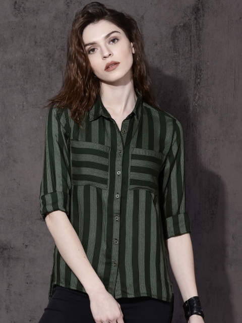 

Roadster Women Olive Green Regular Fit Striped Casual Shirt