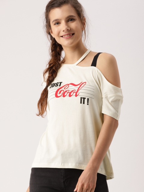 

DressBerry Women Off-White Printed Round Neck One-shoulder T-shirt