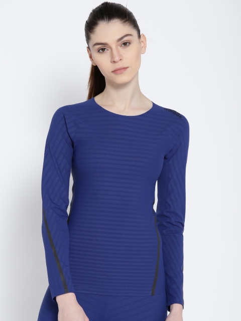 

ADIDAS Women Blue Ask 360 Self-Striped Round Neck T-shirt